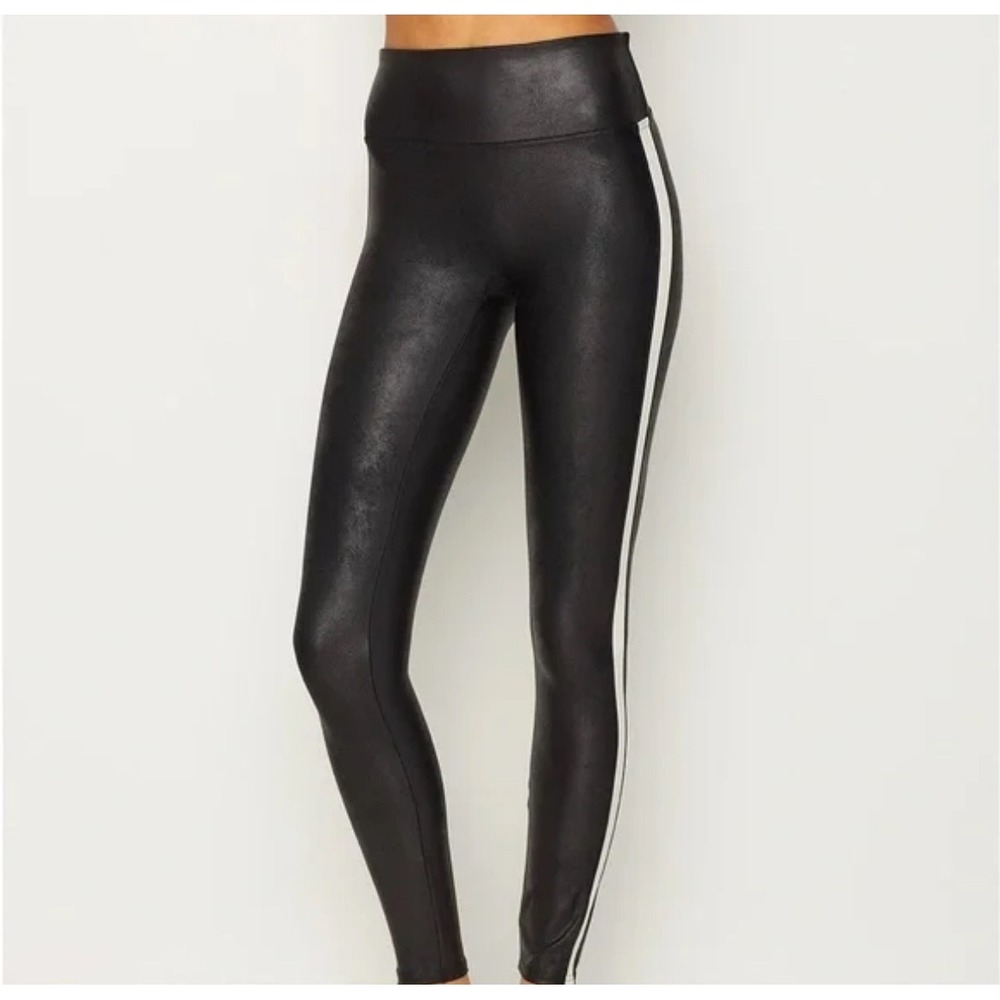 SPANX Faux Leather Leggings Black White Stripe High Waist Athleisure Women's XS